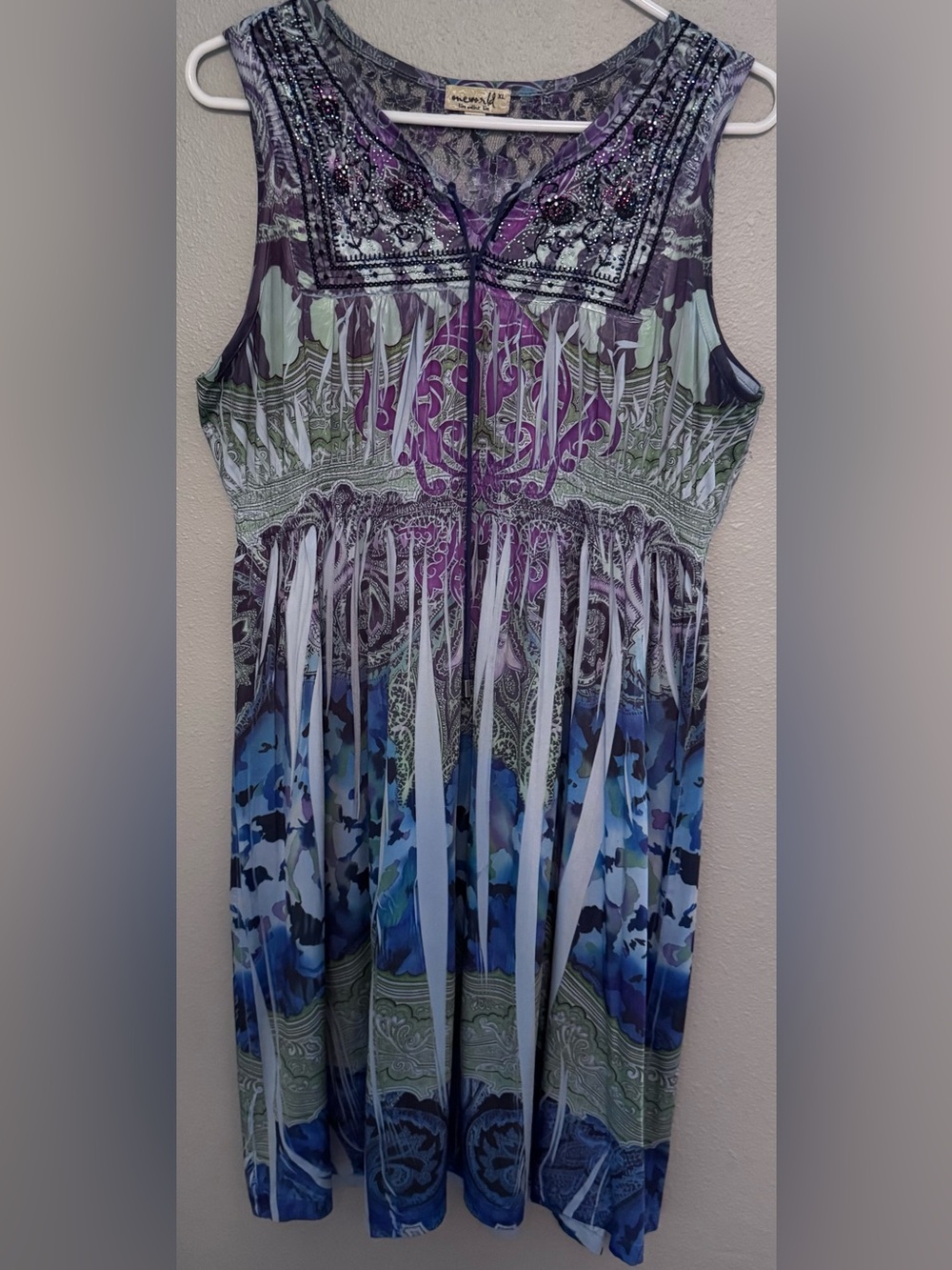 Vintage ONE WORLD Purple, Blue & Green Printed Midi Dress